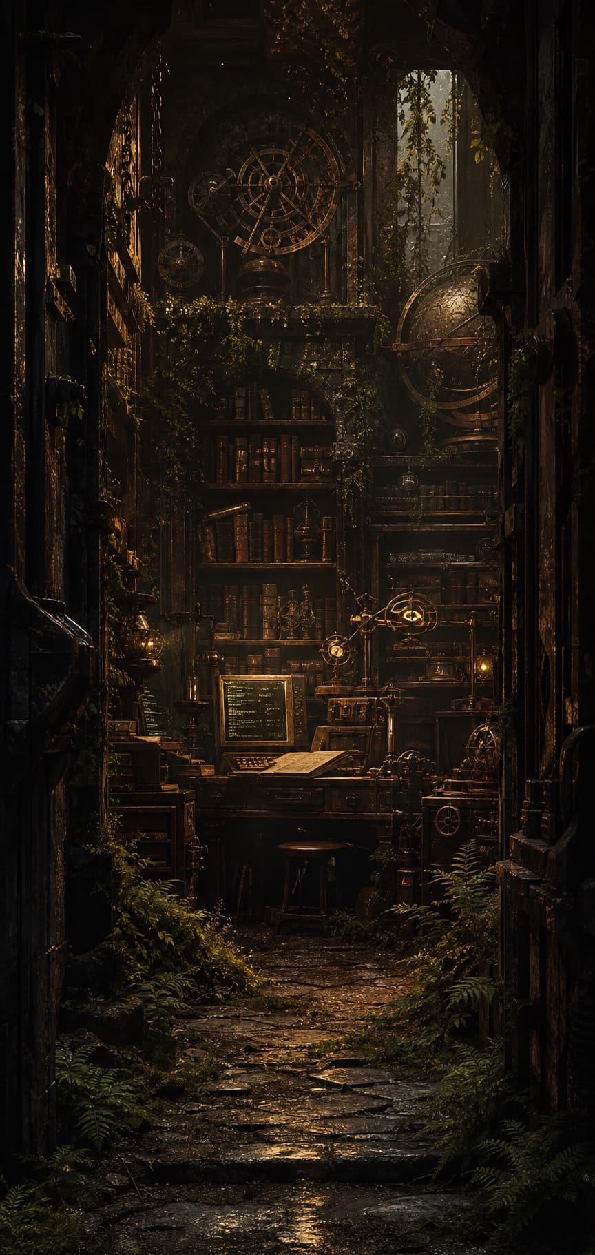 An overgrown workshop library filled with books, mechanical instruments, and computers