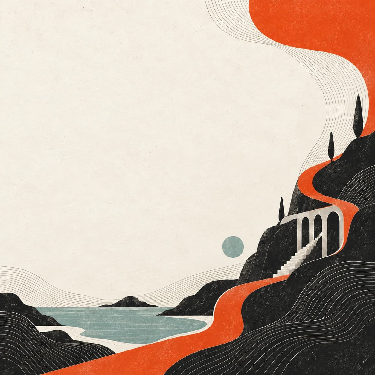 Illustrated carbon hills, sculptural steps, and orange paths on warm paper