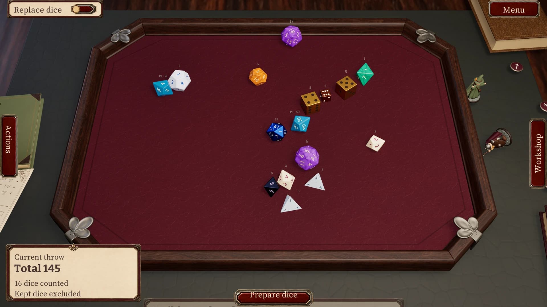 Sixteen colorful polyhedral dice across a red leather tray in Handful of Dice. The current throw totals 145.
