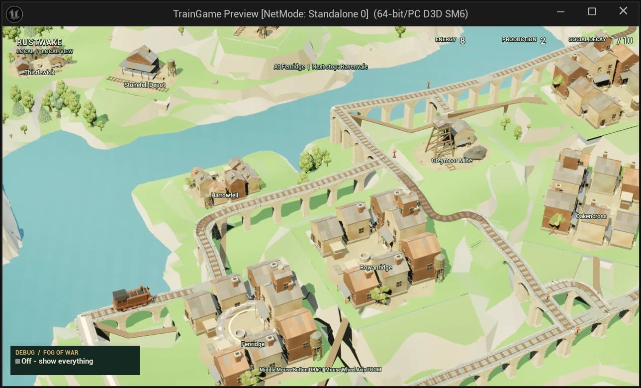 Rust Wake development map with a train, settlements and rail bridges across a river.