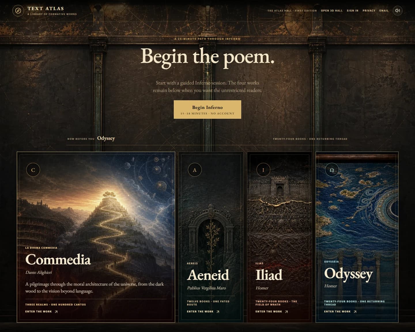 Text Atlas live library, with Commedia, Aeneid, Iliad and Odyssey readers.