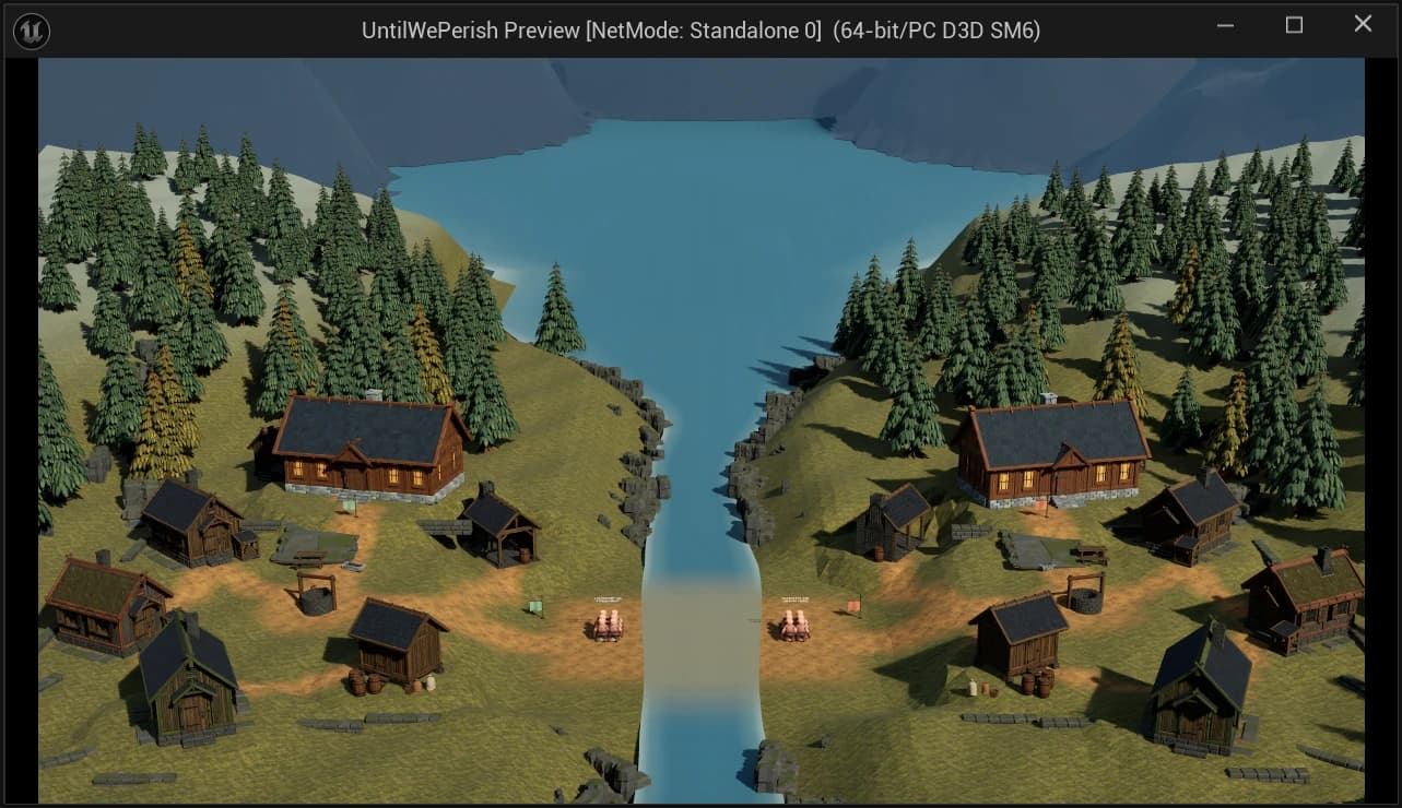 Two villages face each other across the river in Until All Perish. Actual development scene with the HUD hidden.